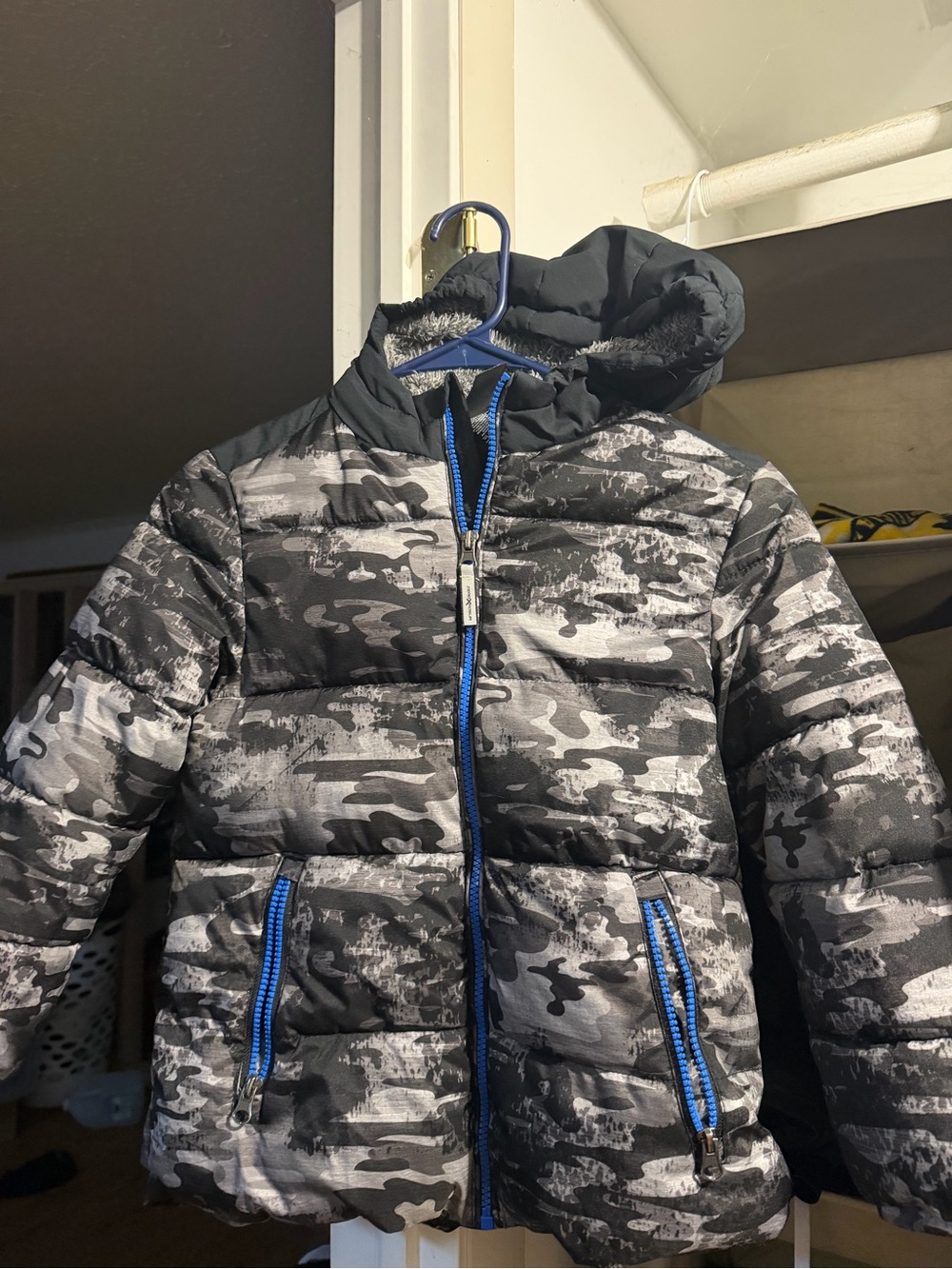 Kids Black & Gray Camo Puffer Jacket with Blue Trim